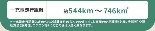 一充電走行距離 約540km~567km *一充電走行距離は定められた試験条件のもとでの値です。お客様の使用環境(気象、渋滞等)や運転方法(急発進、エアコン等)に応じて値は大きく異なります。