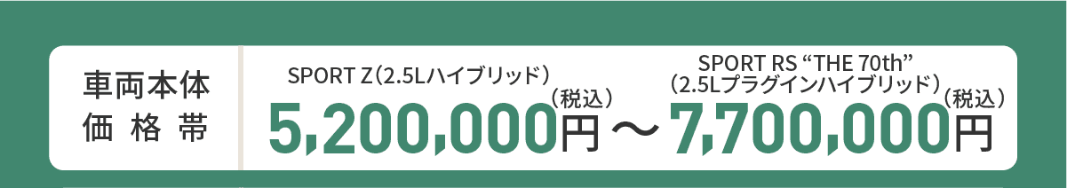 車両本体価格帯　SPORT Z(2.5Lハイブリッド)5,200,000円～SPORT RS“THE 70th”(2.5Lプラグインハイブリッド)7,700,000円(税込)