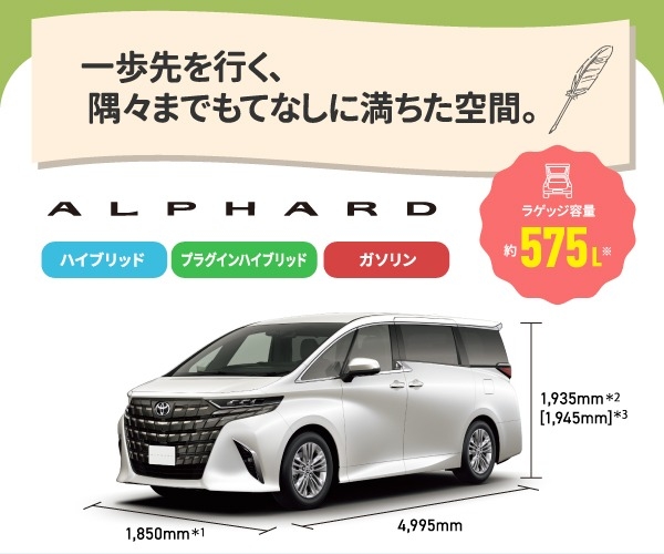 アルファード 一歩先を行く、隅々までもてなしに満ちた空間。 ラゲッジ容量約575L ハイブリッド,プラグインハイブリッド,ガソリン