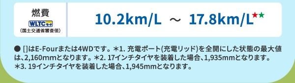 燃費(WLTCモード・国土交通省審査値)10.2km/L～17.7km/L　● []はE-Fourまたは4WDです。 ＊1. 充電ポート(充電リッド)を全開にした状態の最大値は、2,160ｍｍとなります。 ＊2. 17インチタイヤを装着した場合、1,935mmとなります。＊3. 19インチタイヤを装着した場合、1,945mmとなります。