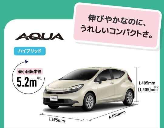 アクア　伸びやかなのに、うれしいコンパクトさ。　最小回転半径5.2m　ハイブリッド