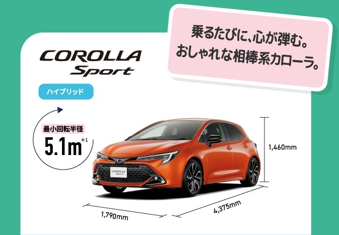 カローラスポーツ　乗るたびに、心が弾む。おしゃれな相棒系カローラ。　最小回転半径5.1m　ハイブリッド