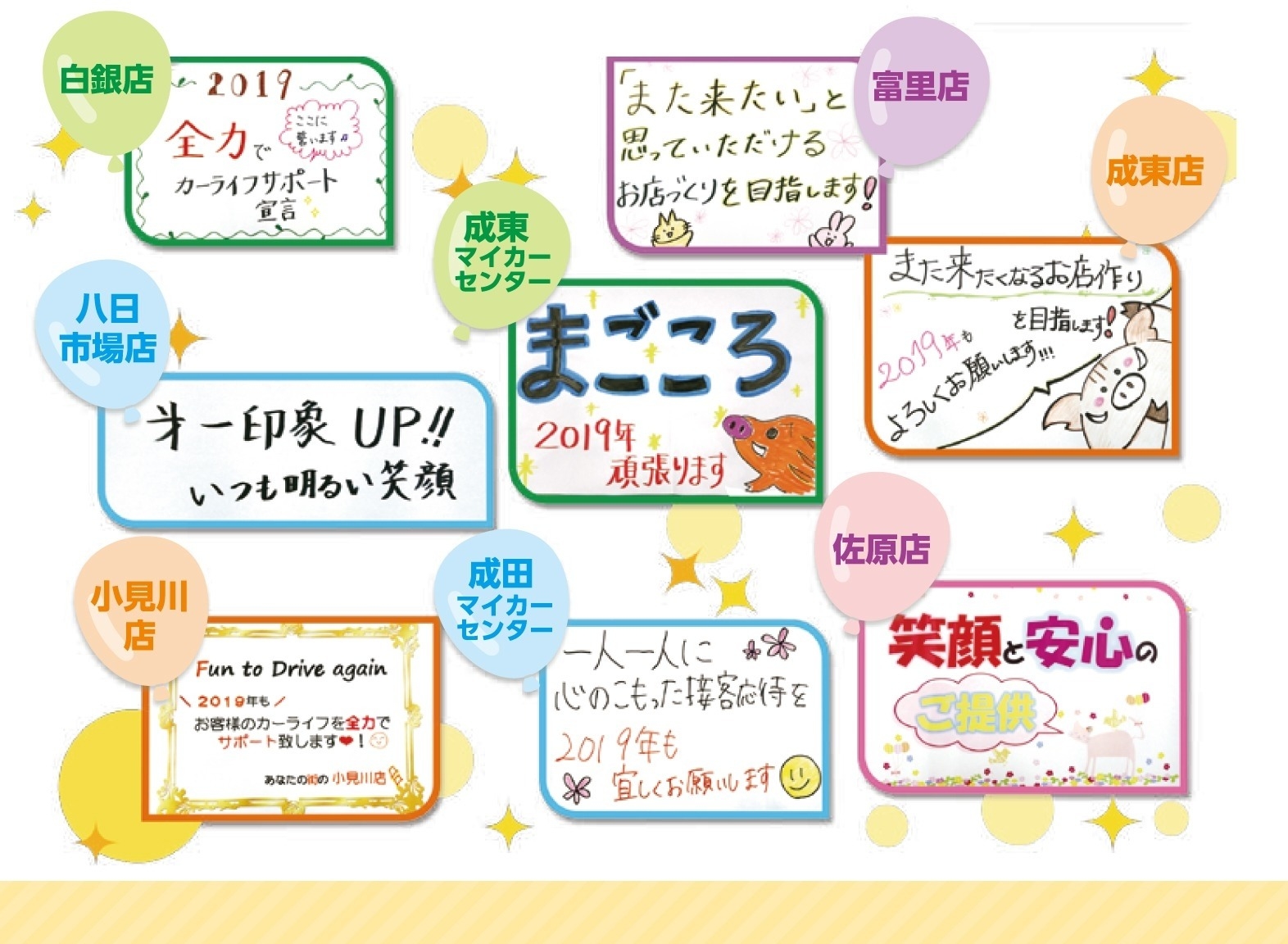 白銀店、富里店、八日市場店、成東マイカーセンター、成東店、小見川店、成田マイカーセンター、佐原店、2019年の抱負