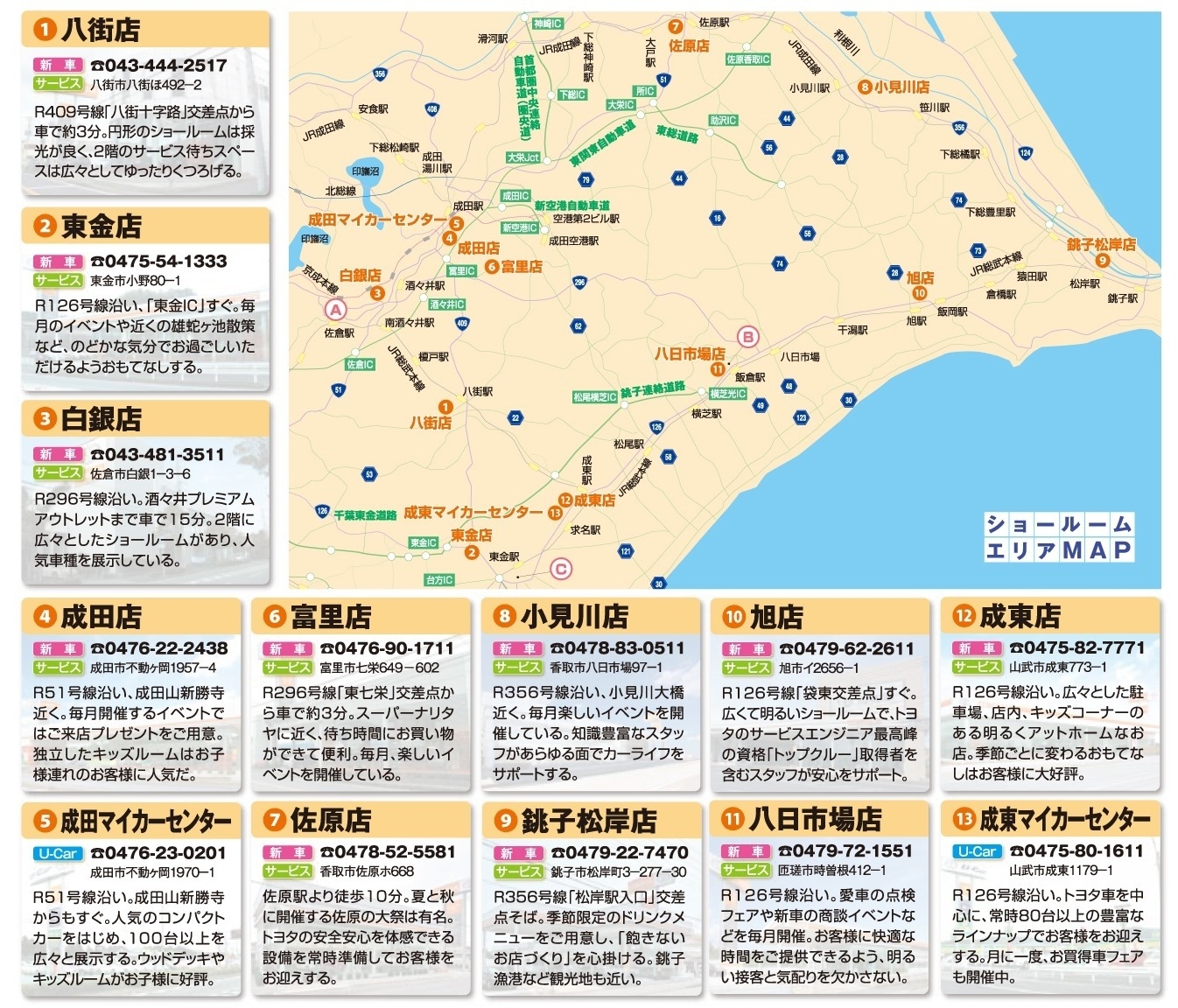 ショールームエリアMAP、八街店、東金店、白銀店、成田店、成田マイカーセンター、富里店、佐原店、小見川店、銚子松岸店、旭店