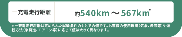 一充電走行距離 約540km～567km　＊一充電走行距離は定められた試験条件のもとでの値です。お客様の使用環境(気象、渋滞等)や運転方法(急発進、エアコン等)に応じて値は大きく異なります。