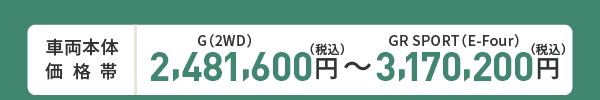 車両本体価格帯　G(2WD)2,481,600円～GR SPORT(E-Four)3,170,200円(税込)
