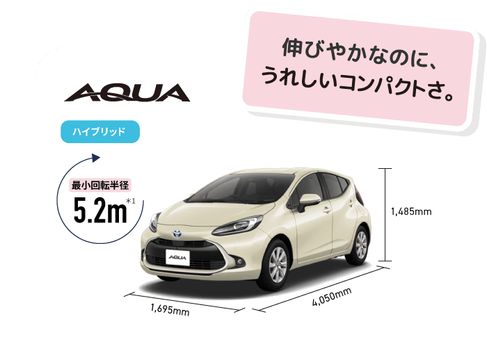アクア　伸びやかなのに、うれしいコンパクトさ。　最小回転半径5.2m　ハイブリッド