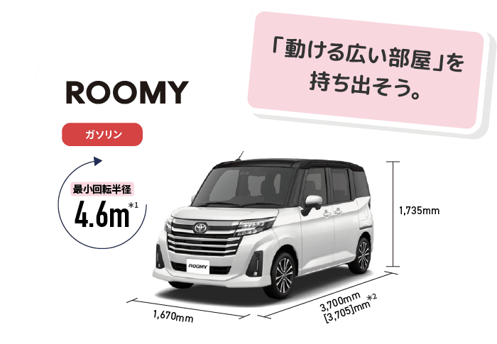 ルーミー　「動ける広い部屋」を持ち出そう。　最小回転半径4.6m　ガソリン