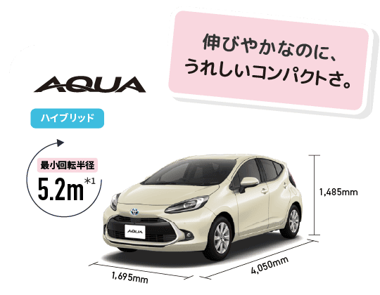 アクア　伸びやかなのに、うれしいコンパクトさ。　最小回転半径5.2m　ハイブリッド