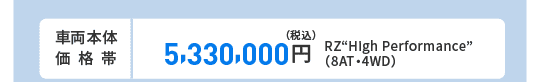 車両本体価格帯　RZ“High Performance”(8AT・4WD)5,330,000円(税込)