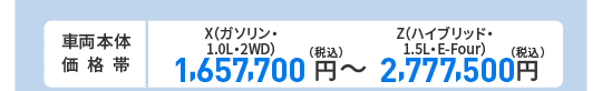 車両本体価格帯　X(ガソリン・1.0L・2WD)1,657,700円～Z(ハイブリッド・1.5L・E-Four)2,777,500円(税込)
