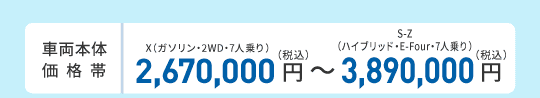 車両本体価格帯　X（ガソリン・2WD・7人乗り）2,670,000円～S-Z（ハイブリッド・E-Four・7人乗り）3,890,000円(税込)
