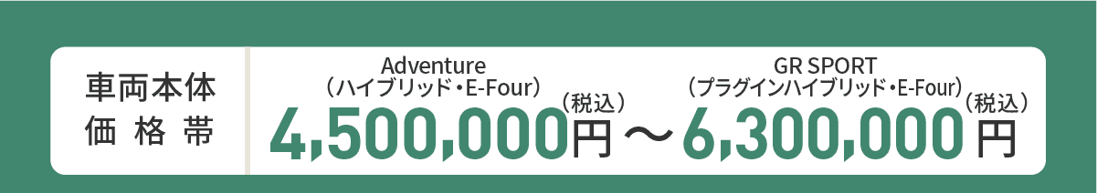 車両本体価格帯　Adventure(ハイブリッド・E-Four)4,500,000円～GR SPORT(プラグインハイブリッド・E-Four)6,300,000円(税込)