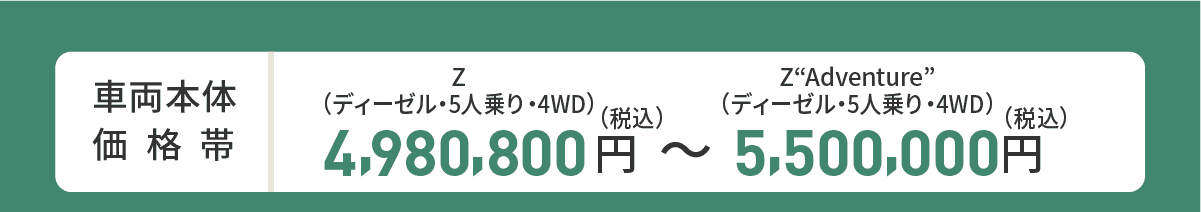 車両本体価格帯　Z(ディーゼル・5人乗り・4WD)4,980,800円～Z“Adventure”(ディーゼル・5人乗り・4WD)5,500,000円(税込)