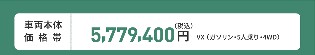 車両本体価格帯　VX(ガソリン・5人乗り・4WD)5,779,400円(税込)