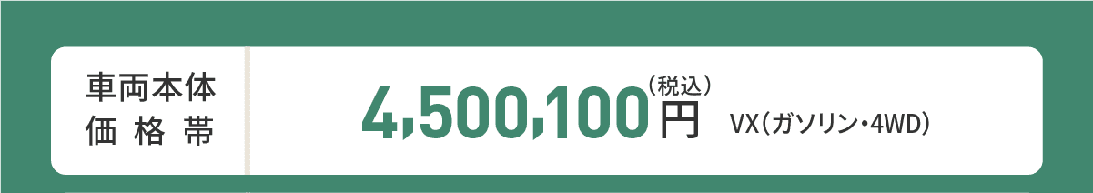 車両本体価格帯　VX(ガソリン・4WD)4,500,100円(税込)