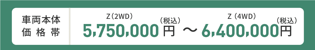 車両本体価格帯　Z(2WD)5,750,000円～Z(4WD)6,400,000円(税込)