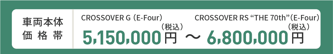 車両本体価格帯　CROSSOVER G(E-Four)5,150,000円～CROSSOVER RS“THE 70th”(E-Four)6,800,000円(税込)