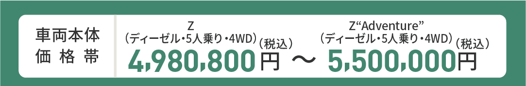 車両本体価格帯　Z(ディーゼル・5人乗り・4WD)4,980,800円～Z“Adventure”(ディーゼル・5人乗り・4WD)5,500,000円(税込)