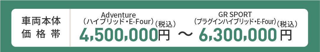 車両本体価格帯　Adventure(ハイブリッド・E-Four)4,500,000円～GR SPORT(プラグインハイブリッド・E-Four)6,300,000円(税込)
